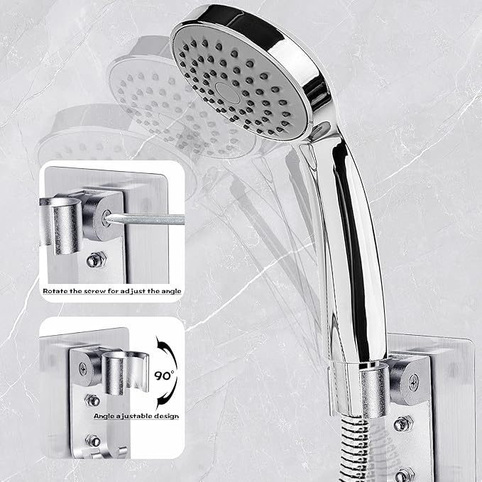 2PCS Shower Head Holder,Strong Adhesive Shower Holder,Adjustable Shower Wand Holder with 2 Hanger Hooks,Handheld Shower Head Wall Mount Bracket,Shower Holder Adapter For Bathing,Bathroom,No Drill Need