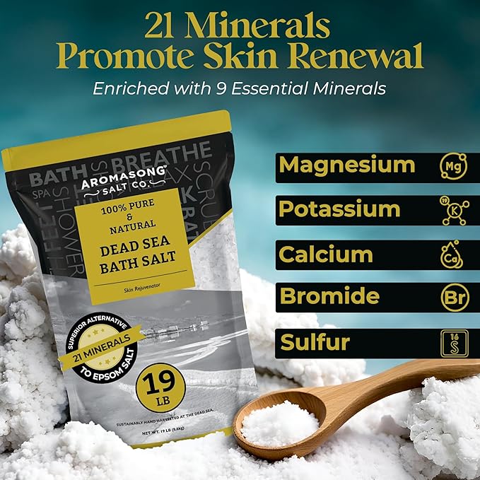 Aromasong Dead Sea Salt - Spa Bath Salt - Bulk 19 Lb Pack of 78 (1482 Lbs Total) Fine Grain - 100% Pure - Better Absorbing Than Epsom Salt - Soak for Women & Men for Skin Issues and Relaxation