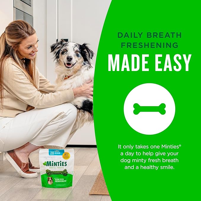 Minties Dental Chews for Dogs, 24 Count, Vet-Recommended Mint-Flavored Treats for Large Dogs Over 50 lbs, Dental Bones Clean Teeth, Fight Bad Breath, and Removes Plaque and Tartar