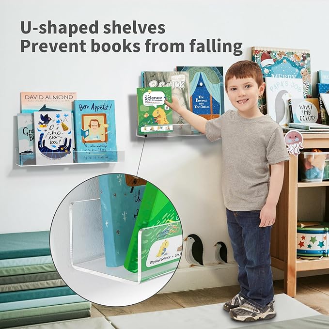 NIUBEE 16.5-Inch Acrylic Floating Bookshelves, 2-Pack, Clear Modern Wall Shelves for Child/Toddler， Invisible Ledge Book Shelves for Nursery/Kids Room/Playroom/Small Spaces.