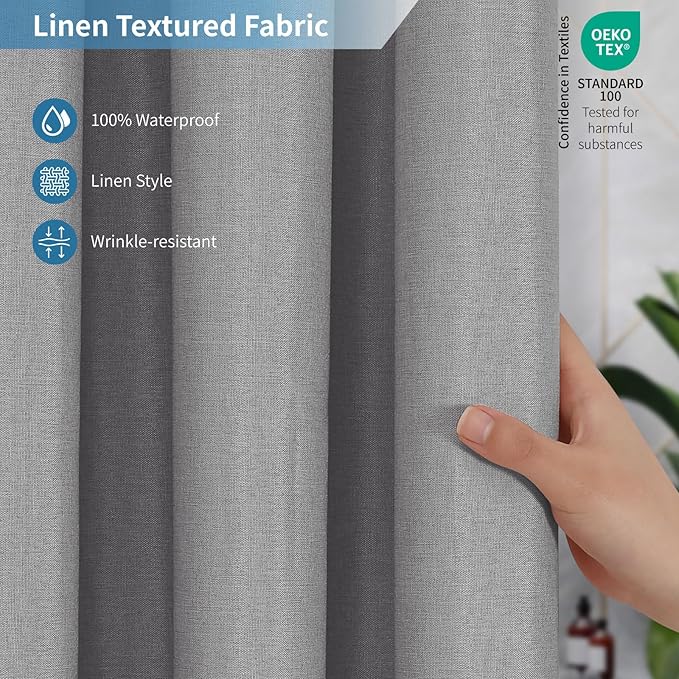 2-in-1 Waterproof Fabric Shower Curtain or Liner,Linen Textured,Breathable TPU & Washable Bathroom Shower Curtain Set with 12 Plastic Hooks,Modern,72"x72" Grey