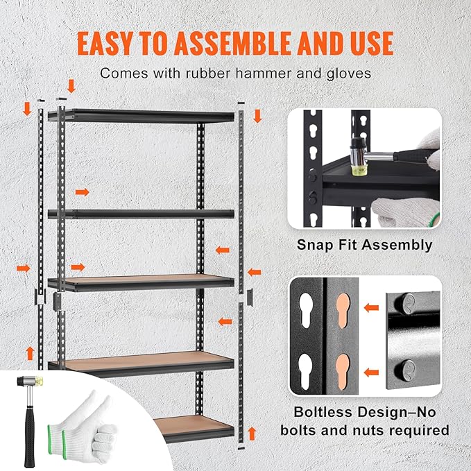 VEVOR Storage Shelving Unit, 5-Tier Adjustable, 2000 lbs Capacity, Heavy Duty Garage Shelves Metal Organizer Utility Rack, Black, 48" L x 18" W x 72" H for Kitchen Pantry Basement Bathroom Laundry