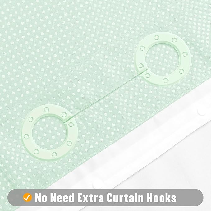 MitoVilla No Hooks Needed Green Waffle Shower Curtain Liner Set, Modern Waffle Weave Heavy Duty Fabric Cloth Shower Curtain with Snap-in Liner for Luxury Neutral Hotel Spa Bathroom Decor