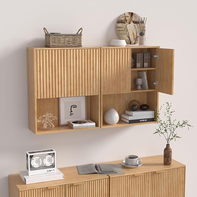 Fluted Bathroom Wall Cabinet Over The Toilet Storage,Wall Mounted Cabinet with Adjustable Shelf,Floating Cabinet Organizer Hanging Cabinet,Kitchen and Laundry Room Cabinets (Oak-2 PCS)