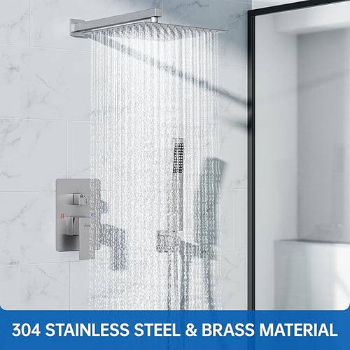 12 Inch Luxury Rain Shower Faucet Set, Brushed Nickel Shower System with Rainfall Shower Head and Handheld Spray, SUS304 Stainless Steel and Solid Brass Wall Mounted Shower Valve Trim Kit