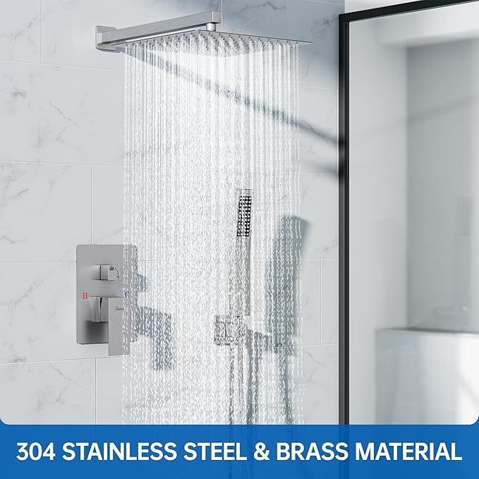 16 Inch Luxury Rain Shower Faucet Set, Brushed Nickel Shower System with Rainfall Shower Head and Handheld Spray, SUS304 Stainless Steel and Solid Brass Wall Mounted Shower Valve Trim Kit