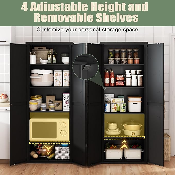 71" Tall Kitchen Pantry Storage Cabinet,Black Metal Storage Cabinets with Doors and Adjustable Shelves,5 Tier Kitchen Cupboard for Dining Room Office Bathroom