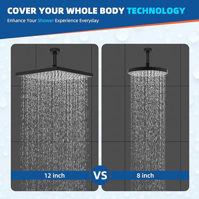 Hibbent Thickness Metal Rain Shower Head, 12 Inch High Pressure Shower Heads, Square Large Bathroom Rainfall Shower Head with Adjustable Brass Ball Joint, Waterfall Full Body Coverage, Matte Black