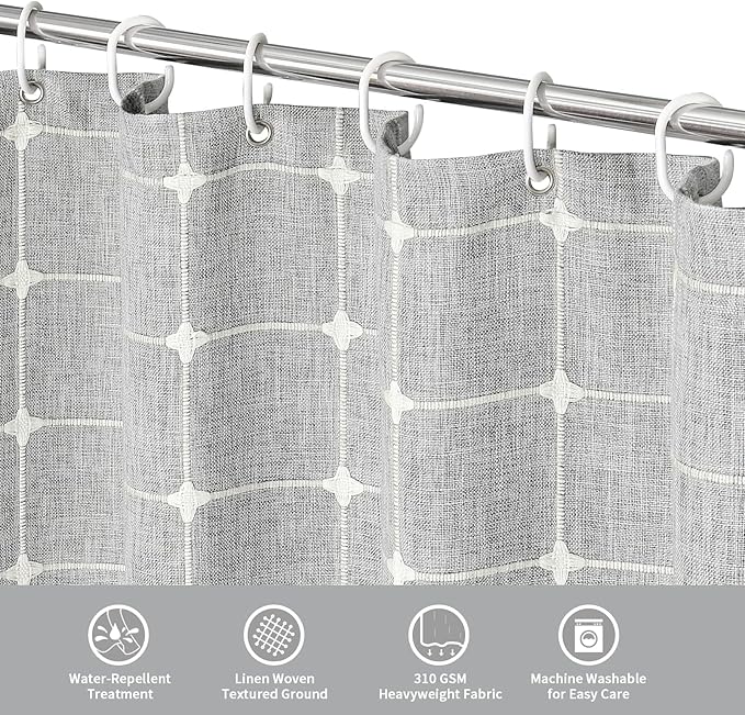 MitoVilla Grey Boho Extra Long Shower Curtain 72 x 84, Light Grey Modern Farmhouse 84 inch XL Polyester Linen Texture Tassel Fabric Shower Curtain Set with Hooks for Cottagecore Country Bathroom Decor