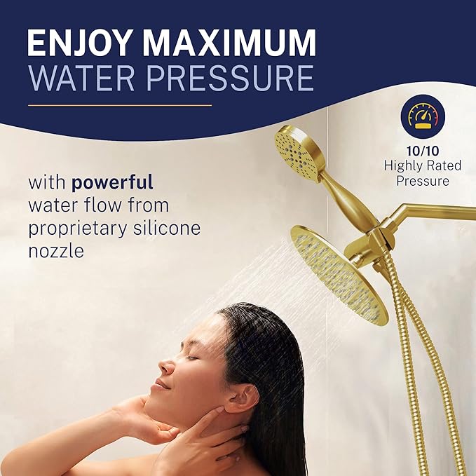 HammerHead Showers® Solid Metal Dual Shower Head Combo – BRUSHED GOLD – 8 Inch Rainfall High Flow Shower Head & 3-Flow Handheld Shower Head High Pressure with Hose 6ft - Luxury Double Shower Heads
