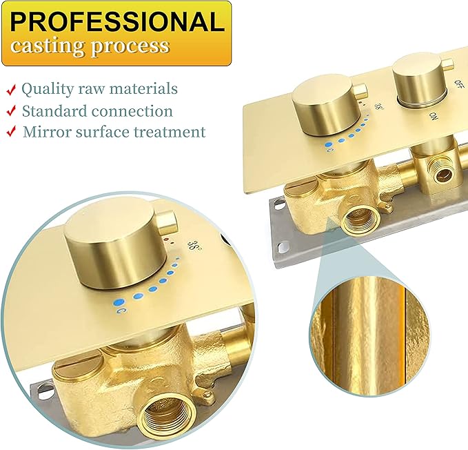 HOMEDEC 4 Way Shower Valve Rough-In and Trim Kit, 5 Handle Control Thermostatic Shower Mixing Valve with Diverter can Work at the Same Time, Brushed Gold