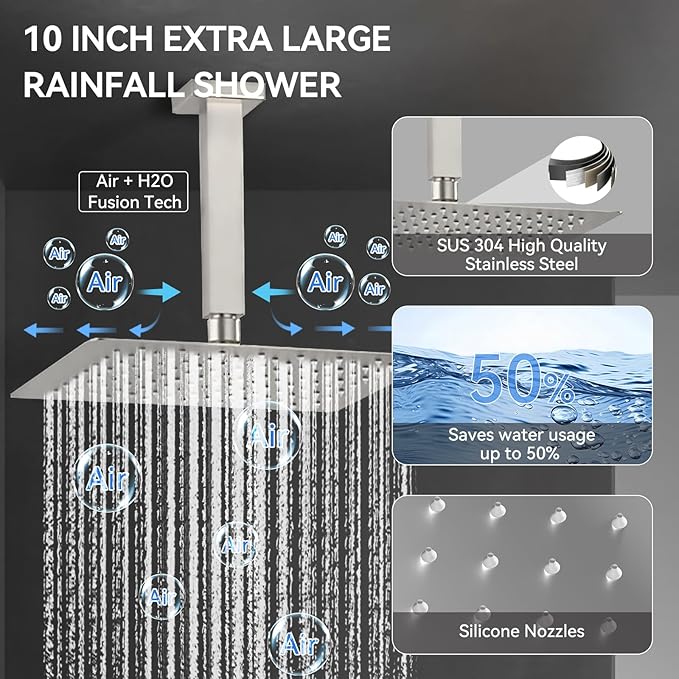 Shower Systems Brushed Nickel Shower Faucet Sets,Bostingner 4 Modes 10+6" Double Rain Shower Head with 2 in 1 Handheld Spray and 4Pcs Body Jets,Shower Set with Diverter and Trim Kit Complete