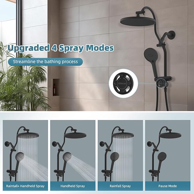 Hibbent Self-cleaning Shower Head Combo, High Pressure 10'' Rain Showerhead with 3-mode Handheld Spray, Metal Extension Arm with Easy Reach All Metal 4-way Diverter, 71" Hose & Holder, Matte Black