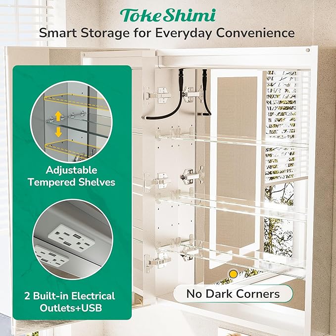 TokeShimi 16x24 Surface Mount or Recessed Medicine Cabinet with Lights 3 Colors Dimmable, Led Medicine Cabinet Mirror with Outlet and Defogger,2-Side Front Lit Bathroom Mirror with Storage