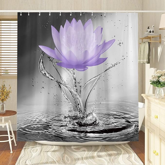 Lotus Shower Curtain Black White Grey Violet Flower Elegant Blooming Floral with Dew Spring Flower Reflection on Water Modern Romantic Polyester Fabric Bathroom Decor 86×70 Inch with Hook