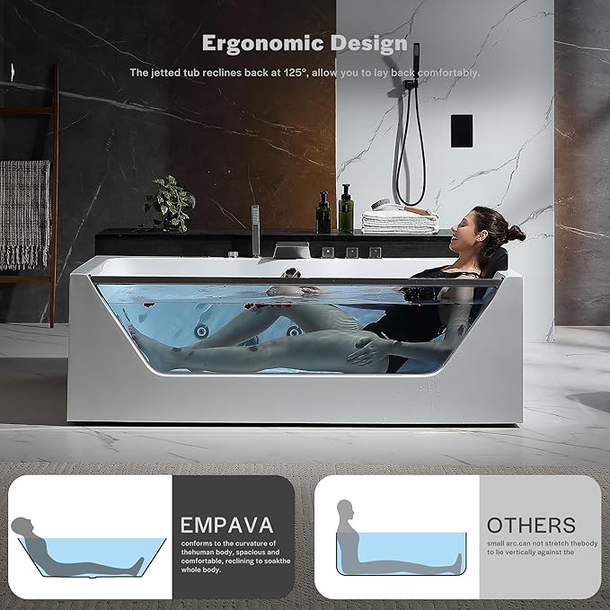 Empava Acrylic Whirlpool Bathtub, 71-Inch Jetted Bathtub with Heater, 10 Jets Hydromassage with Chromatherapy, 3-Side Apron with LED Control Panel, Waterfall & ETL Certified, Blcak Pillow