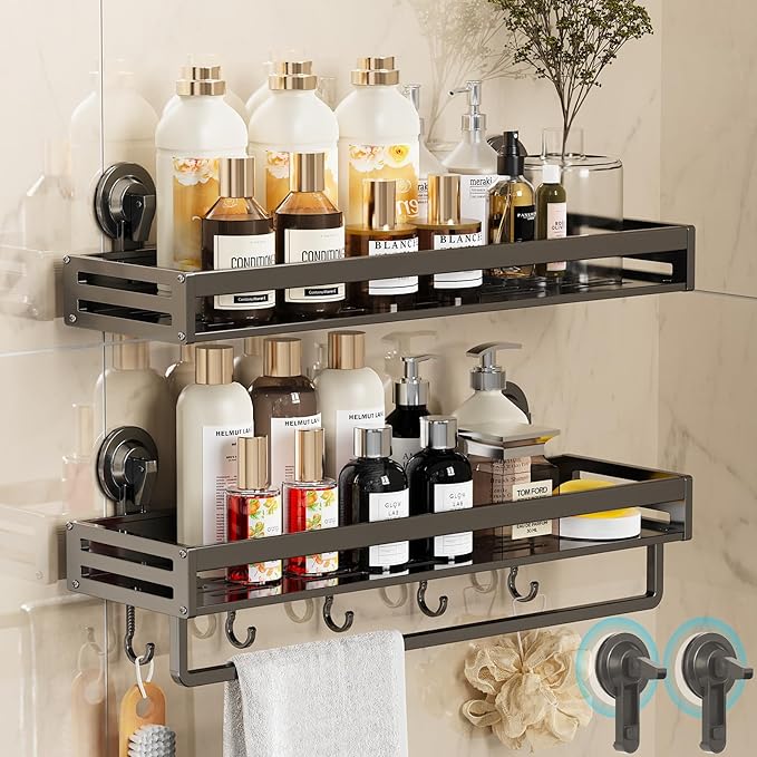 Shower Caddy Suction Cup, 15.8 inch 2 Pack Suction Shower Shelf with Hooks NO-Drilling Bathroom Holder, Rustproof Bathroom Organizer, Includes 2 Extra Suction Cups, Dark Grey