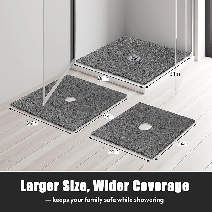 Square Shower Mat Non Slip: 24x24 Inch Shower Floor Mat with Drain Hole in Middle, Super Soft and Comfortable PVC Loofah Massage Bath Mat for Shower, Anti Slip Shower Stall Mat, Quick Drying
