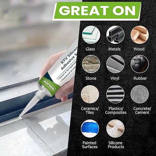 RTV Silicone Adhesive Sealant 100% Silicone Sealer All-Purpose Caulk Waterproof Stronger Adhesion, Shrink & Crack Proof Caulking for Car, Kitchen, Window, Bathroom, Door (Clear, 3.4 Fl. Oz.)