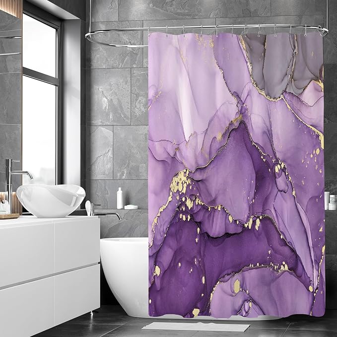 Extra Long Shower Curtain 72 x 96 Inch, Purple Floor to Ceiling X-Long Abstract Marble Shower Curtains for Bathroom, Modern Luxury Art Ink Fabric Shower Curtain Set with Hooks