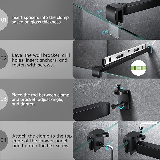 Frameless Shower Door Support Bar, Stainless Steel Wall-to-Glass Support Arm to Fixed Shower Glass Panel, for 1/4"-3/8" (6-10 mm) Door, 180° Pivot & Stow-Flat Mode (Matte Black, 15.8-inch(400mm))