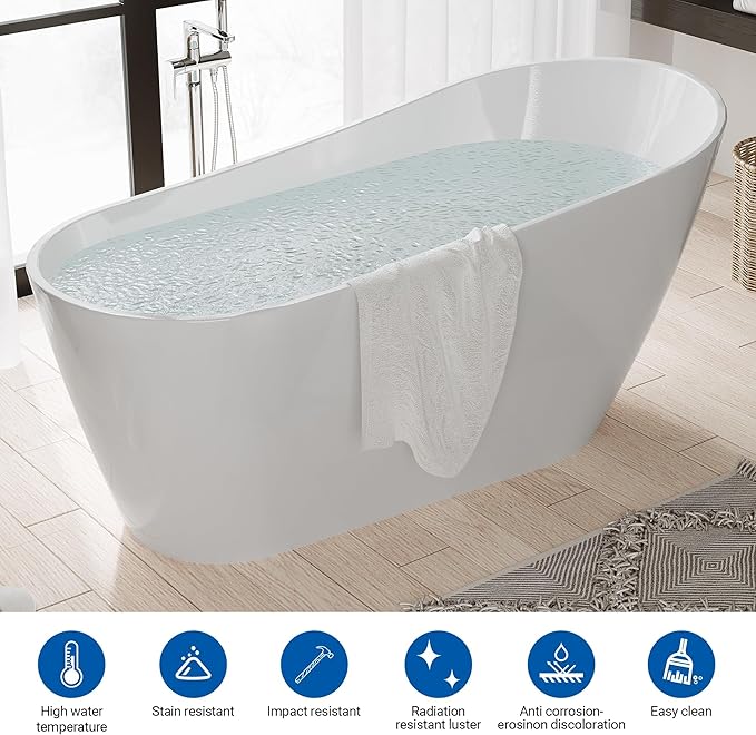 59 Inch Freestanding Acrylic Bathtub, Modern Soaking Tub with Chrome Overflow & Drain, CUPC Certified, Deep Soaking Design for Luxurious Spa Experience, Contemporary Bathroom Centerpiece
