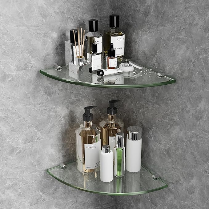 2-Pack Glass Corner Shower Shelves,Wall Shelf Bathroom for Storage,5/16" Tempered Glass,Shower Caddy Organizer,Shelf Holder for Wall Corner, Bathroom, Living Room