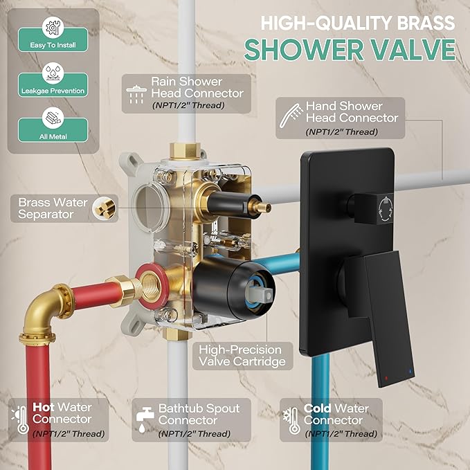 Black Tub Shower System, All Metal Tub Shower Faucet Set with 12" Rain Shower Head and Handheld Spray combo, Wall Mounted Shower Systems with Tub Spout, Valve and Trim Kit, Matte Black