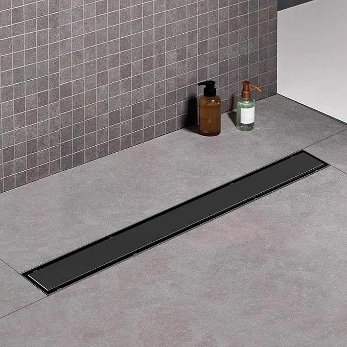 Offset Linear Shower Drain, Brushed 304 Stainless Steel Side Outlet Black Floor Drain with Hair Catcher and Adjustable Feet (48 inch)