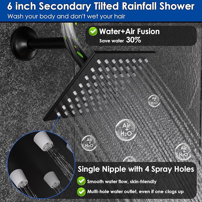 Enga Dual Shower Head Shower System with Body Jets, Wall Mount 10+6" Dual Rain Shower Head with 2 in 1 Handheld Spray for Two People, Shower Faucet Set with Valve Kit, Matte Black