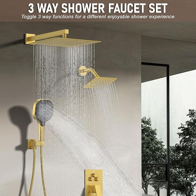 Shower Faucet Set Brushed Gold Shower System, Push Button Diverter 3-Way Shower Valve Kit, Wall Mount 12 Inch Overhead Shower Head with 6 Inch Side Spray Shower Head, 4 Modes Flow Handheld Shower