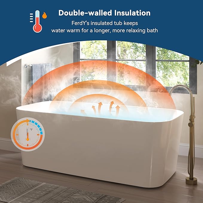 FerdY Maui 67" Acrylic Freestanding Bathtub, Contemporary Elegant Design Soaking Tub with Polished White Drain and Minimalist Linear Design Overflow, Easy to Install