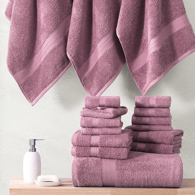 LANE LINEN 100% Ring Spun Cotton Bath Towel Set, 18PCs - 4 Shower Towels, 8 Washcloths, 6 Hand Towels for Bathroom - Sustainably Produced, Ultra Soft & Highly Absorbent - Wistful Mauve
