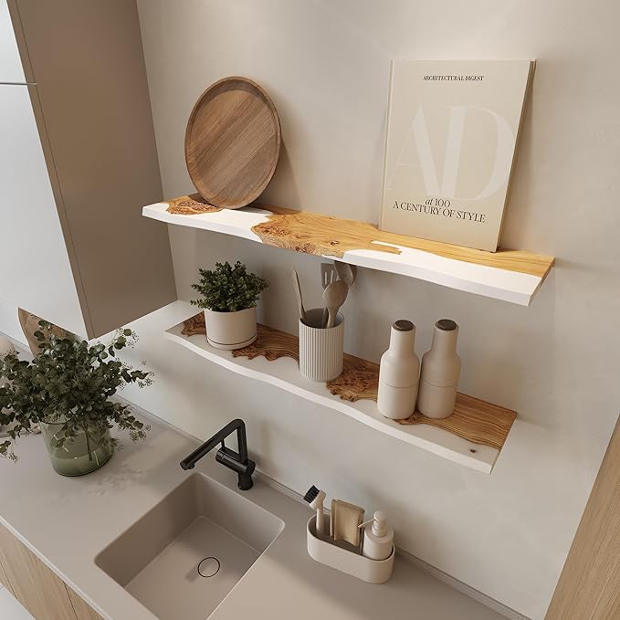 RWA Live Edge Floating Shelf – Unique Wood Floating Shelf for Wall Decor, Living Room, Bedroom, or Bathroom – Stylish Decorative Wall Shelves for Home & Office (Live Edge, White - 24x7)