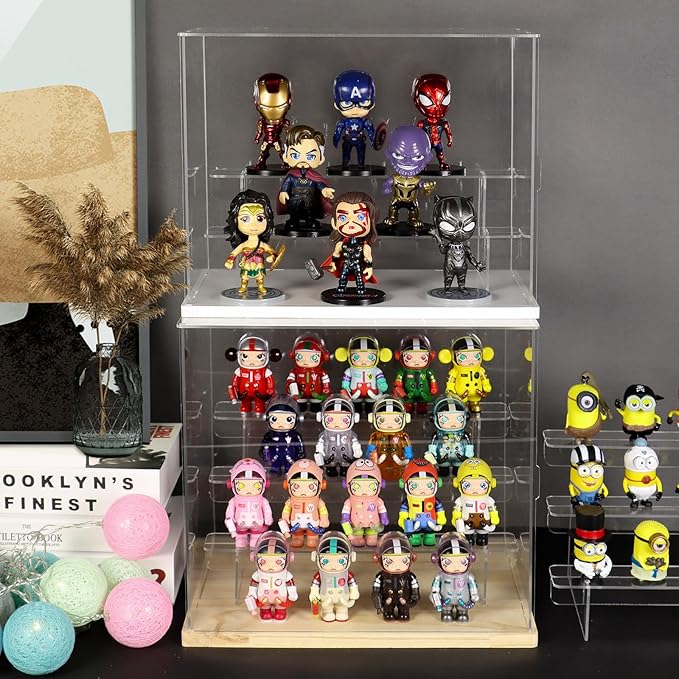 Choowin 3 Tier Clear Acrylic Display Case for Collectibles, Mini Figures, Pop Mart, Labubu, Sonny Angel, Smiski - Assemble Dustproof Acrylic Display Box with Door, Stand (Black Base, Clear Step)