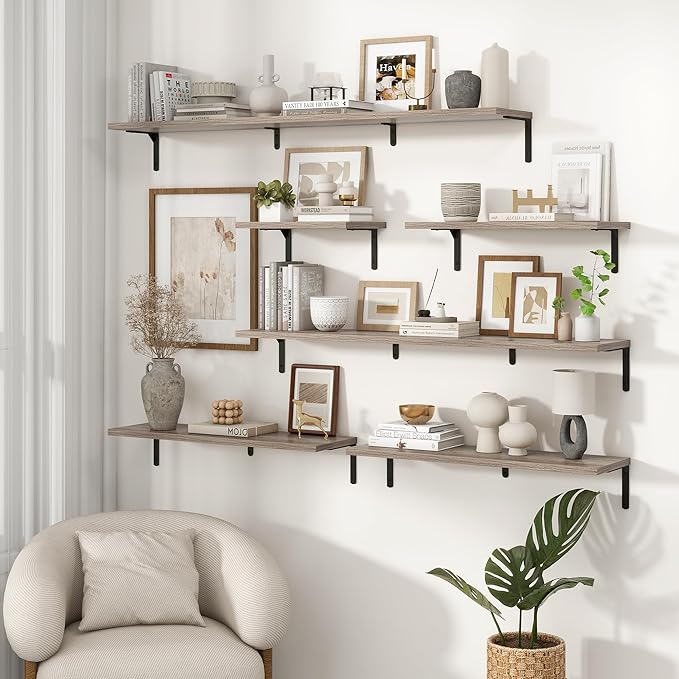 Fun Memories Deep Floating Shelves, 16W x 8D Floating Shelves Set of 2, Wall Mounted Shelf with Metal Brackets, Rustic Wood Wall Shelf for Bathroom, Kitchen and Living Room, Grey