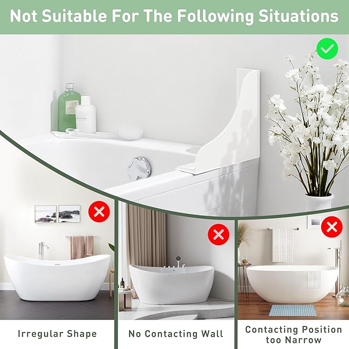 No-Adhesive 2-Pack All-Silicone Shower Splash Guard with Strong Suction Cups, Reusable Bath Tub Corner Water Blocker for Secure Seal&Easy Removal，Keep Water in Shower or Bath, One-Piece Design, White