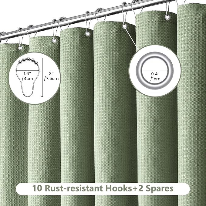 Inhousolu Fabric Shower Curtain Waffle Weave, Sage Green 230 GSM Heavy Duty, Weighted Hem, 12 Metal Hooks, Water Repellent, Machine Washable, Hotel Spa Luxury Bath Curtain Set, 54 x 78 Inch