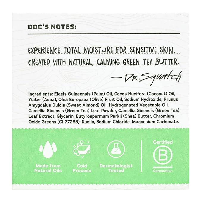 Dr. Squatch NEW Total Moisture Bar Soap for Men - No Added Fragrance Formulated for Sensitive Skin - Green Tea Butter (5 oz, 3-pack)
