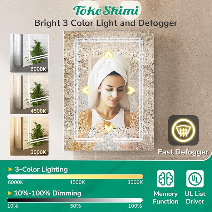 TokeShimi 36 x 32 Bathroom Medicine Cabinet with Lighted Mirror Tempered, LED Medicine Cabinet Mirror with 3 Colors Dimmable, CRI 80+, Anti-Fog, Memory Funtion, Wall Make up Mirror with Storage