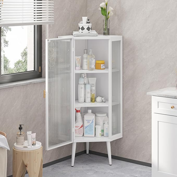 Corner Storage Cabinet with Glass Door, 31" & 43" Freestanding Triangle Floor Cabinet Modern Display Organizer Medicine Cabinets for Bathroom Living Room Bedroom (White, 43')