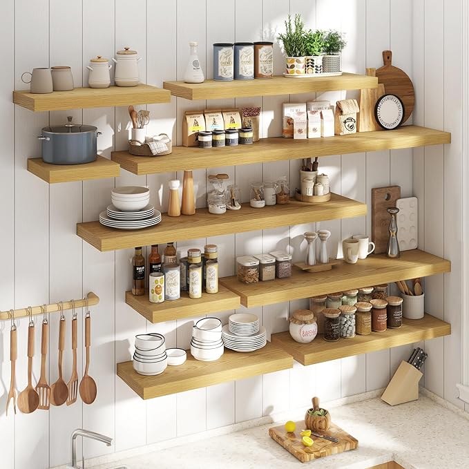 55 Inch Long Floating Shelves for Wall Set of 2, 12"D Wood Grain Bathroom Shelves with Invisible Brackets, Easy Install Engineered Wood Storage Shelves for Kitchen, Living Room, Bedroom, Oak Finish