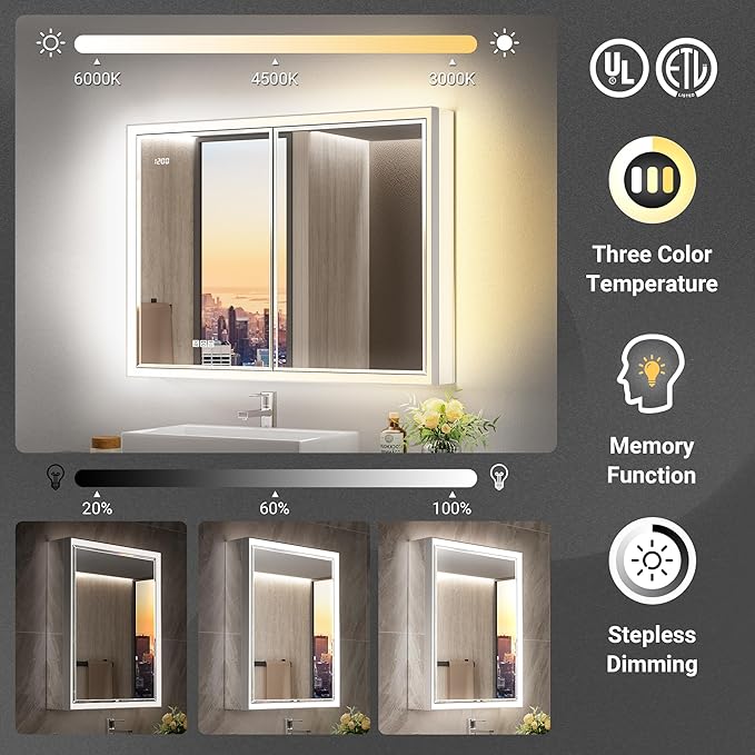 30x32 Beveled Lighted Medicine Cabinet with Mirror & Lights, Surface or Recessed Mirrored Medicine Cabinet with Outlet & Clock, Anti-Fog Dimmable LED Storage Cabinet, Built-in Sensor Light