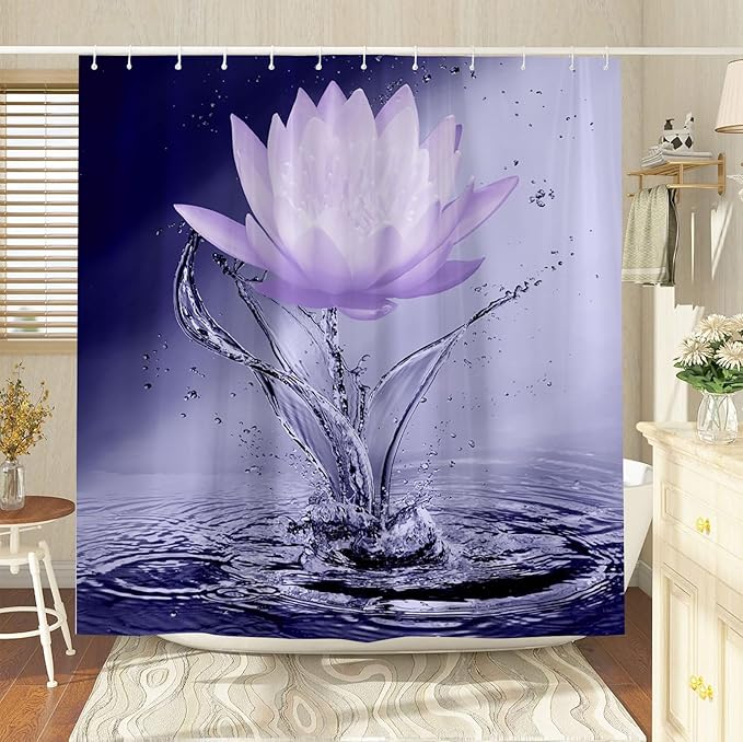Lotus Shower Curtain Black White Violet Flower Elegant Blooming Floral with Dew Spring Flower Reflection on Water Modern Romantic Polyester Fabric Bathroom Decor 60×70 Inch with Hook