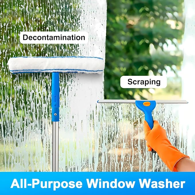 Squeegee for Window Cleaning, 14" Extra-Large Squeegee & Microfiber Scrubber Combi with 60" Stainless Steel Pole, Window Cleaning Kit for Shower Glass Mirror Door Car-2 Pads