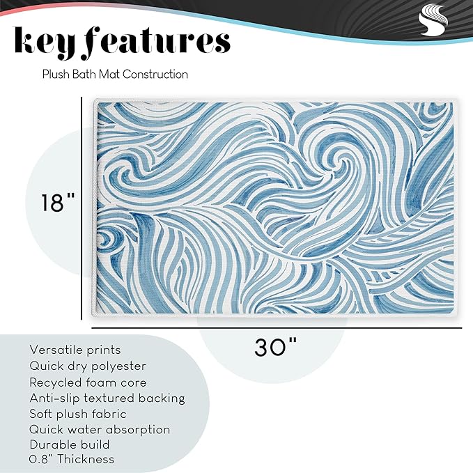 Stupell Industries Bayside Sea Life & Waves Plush Bathroom Mat & Bath Rug, Soft Quick-Dry Non-Slip Bathroom Rug with Recycled Foam Cushion, Coastal Ocean Marine Life Design by Kim Allen, 18"x30"