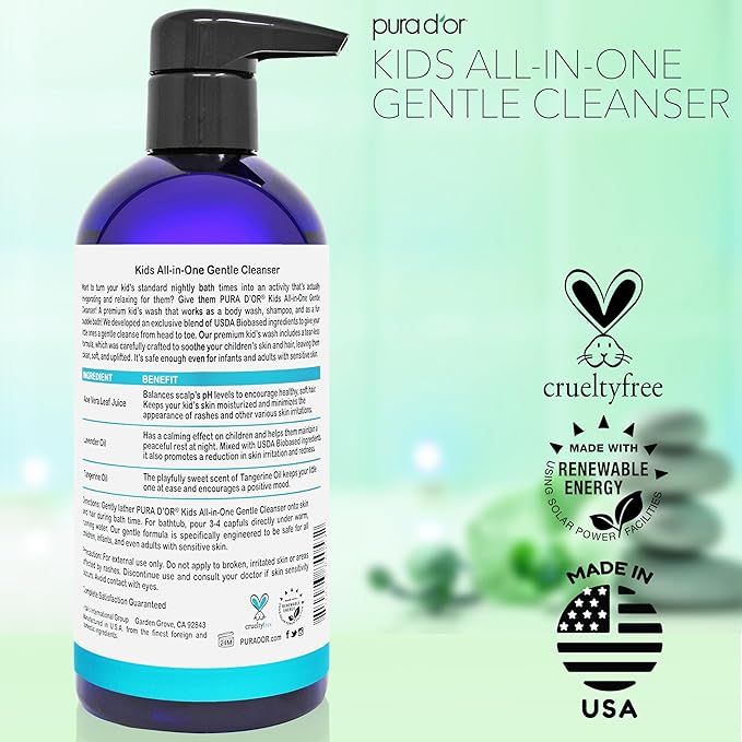 PURA D'OR 16 Oz Kids Wash - All-in-One Gentle Cleanser - USDA Biobased, Sulfate-Free, Tear-Less, Hypoallergenic, Premium, Shampoo & Bubble Bath