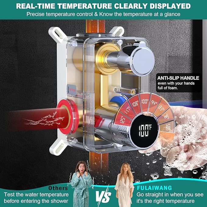 Temperature Display 2 Way Shower Valve Brass Rough-in and Rectangle Trim Kit, Dual Function Digital Shower Mixer Valve, Chrome