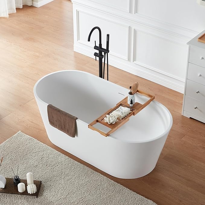 Cpingao 67" Solid Surface Freestanding Bathtub, Modern Oval Stone Resin Stand Alone Soaking Tub with Drain & Overflow, Matte White 8816-1700