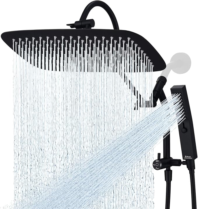 G-Promise All Metal 14 Inch Shower Head with Massage Mode Handheld, Rain Shower Head with Handheld Spray Combo, 3-Way Diverter with Pause Setting, 13 Inch Adjustable Extension Arm (Matte Black)